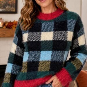 Super soft eyelash Plaid Crewneck Sweater xs
